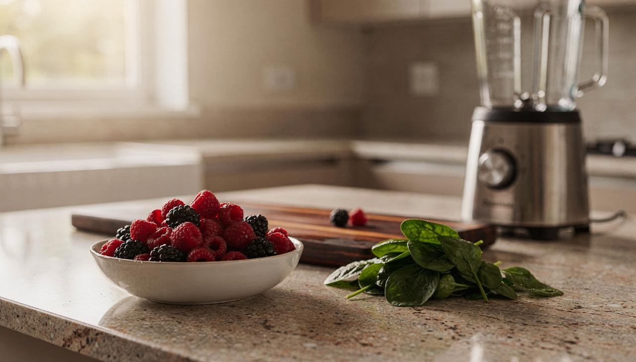 Kitchen counter with berries, greens, a blender — beautiful chaos
