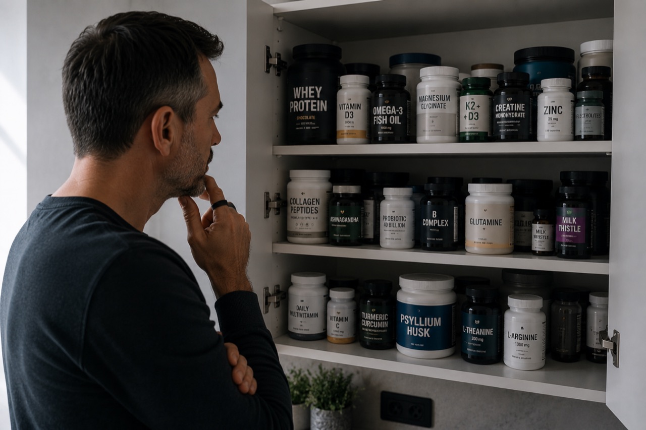 A row of supplement bottles lined up on an open cabinet shelf
