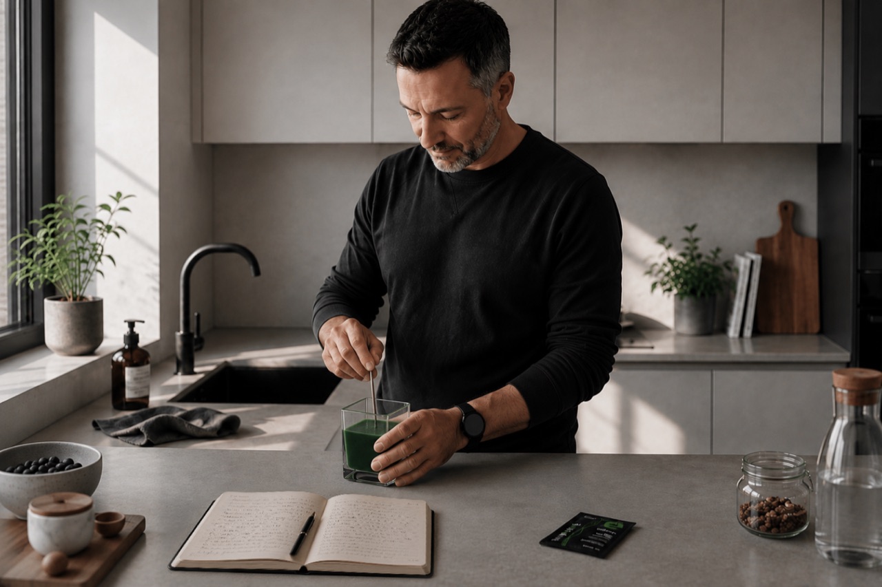 A prepared green whole-food drink and a single-serve sachet on a kitchen counter