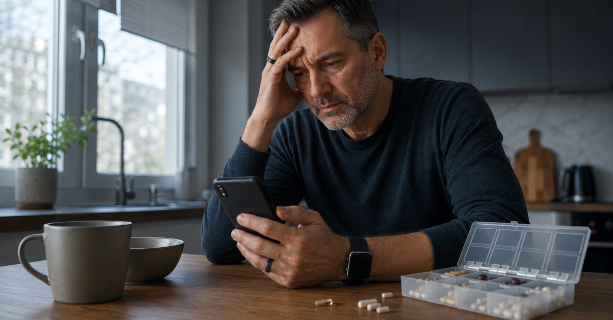 A man checks a fitness ring and phone at a kitchen counter beside a pill organizer