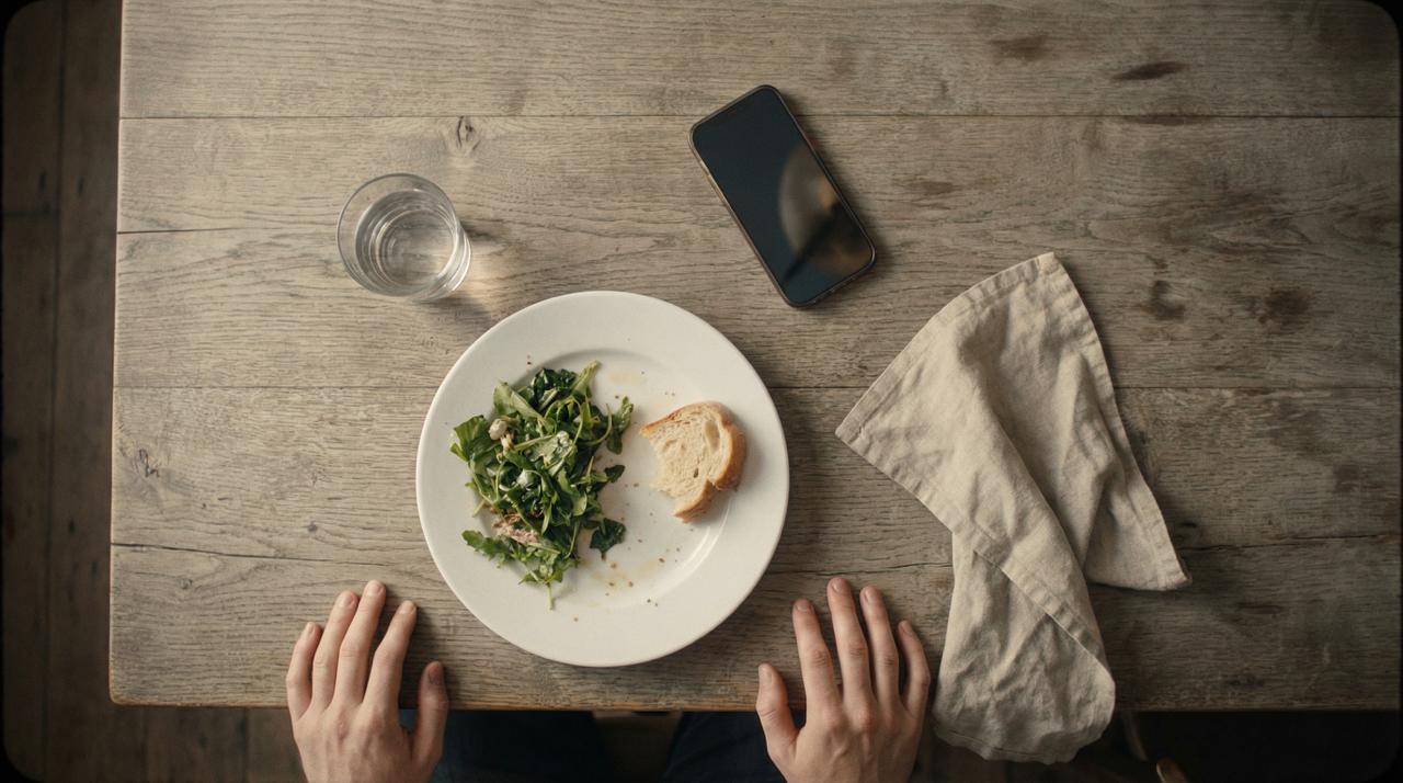 Overhead view of a simple meal — salad, bread, water — hands resting on the table