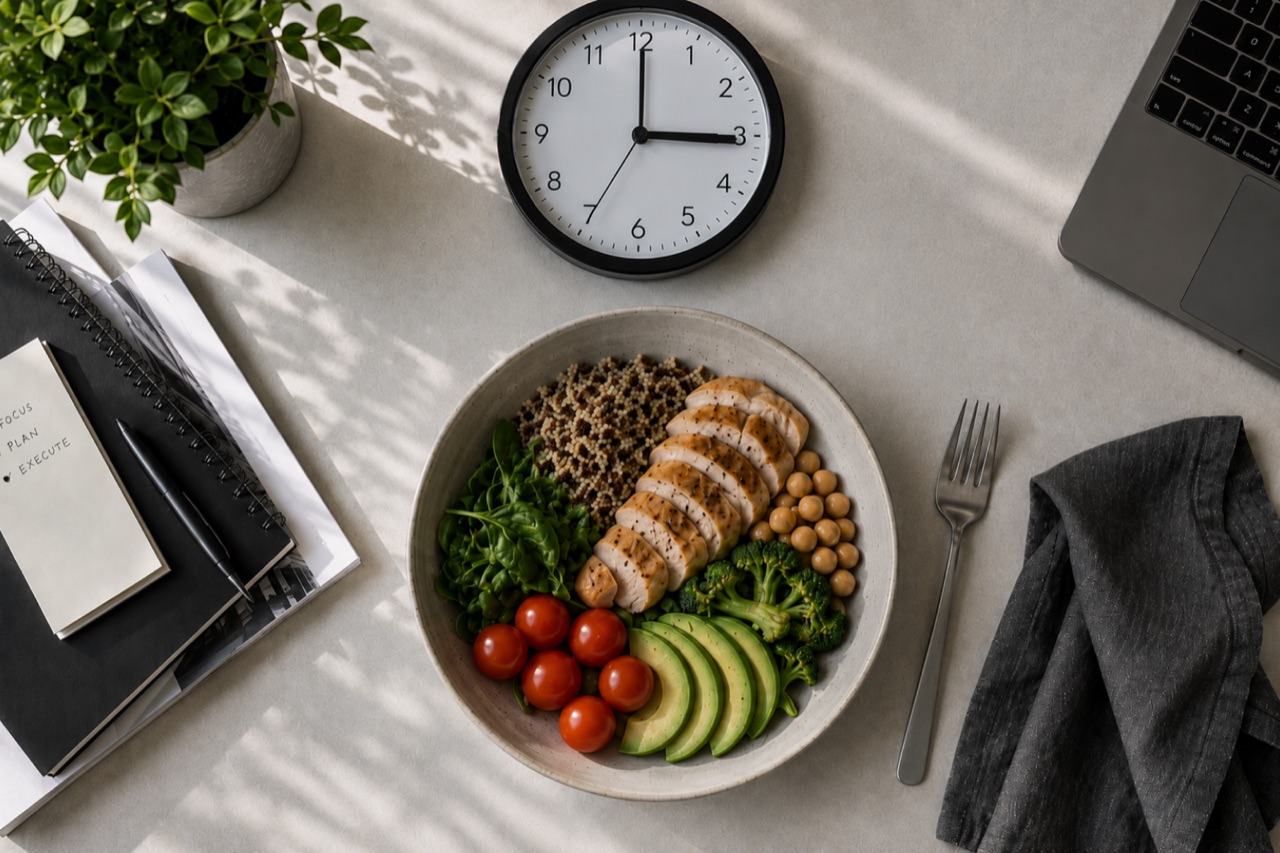A clean lunch of grilled protein, greens and olive oil on a plate