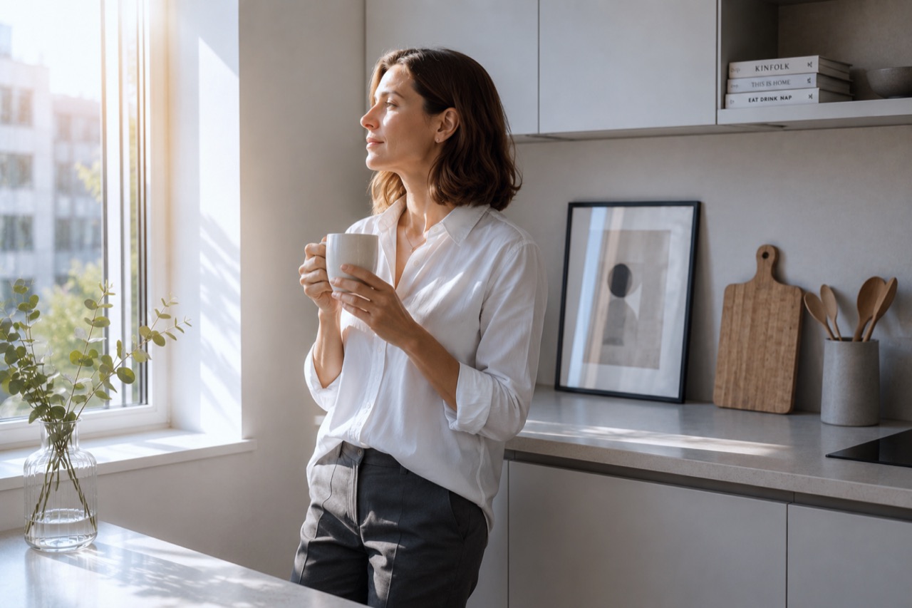 A woman stands by a window with a plain ceramic cup
