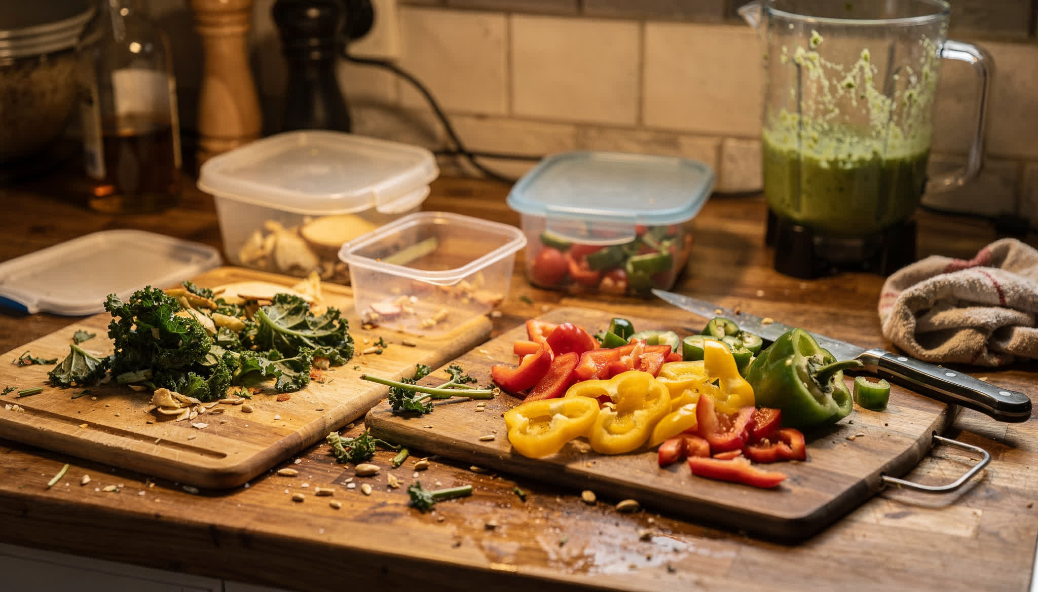 Messy kitchen counter covered with cutting boards, vegetable scraps, and meal prep containers