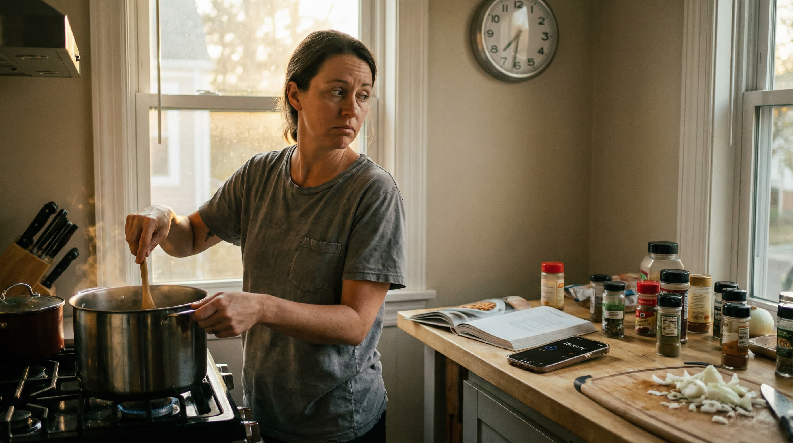 Woman checking the time on a wall clock while stirring a pot in her kitchen