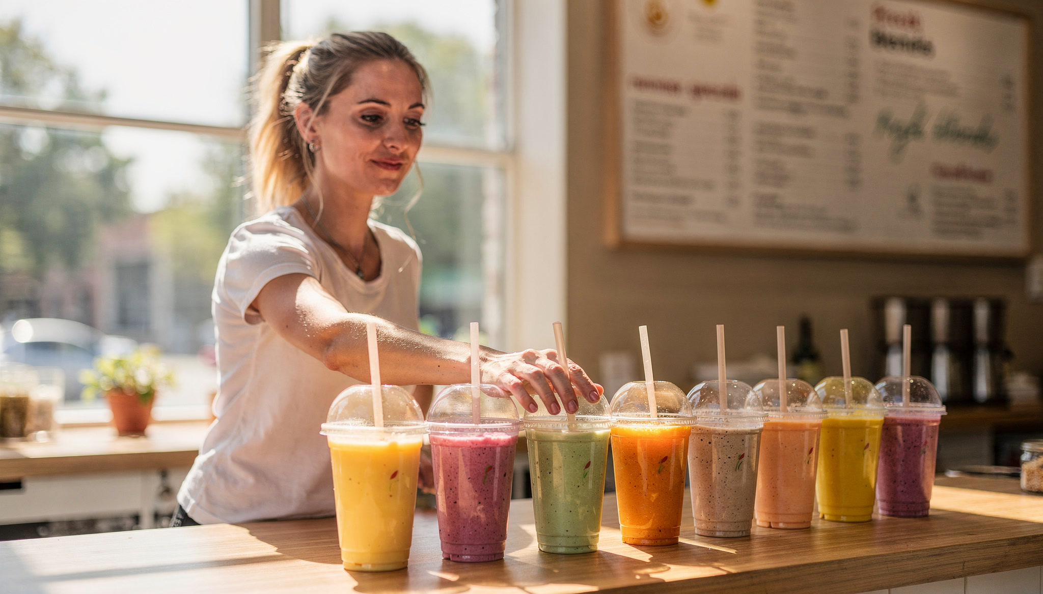 Smoothie shop counter — colorful, aspirational, subtly expensive