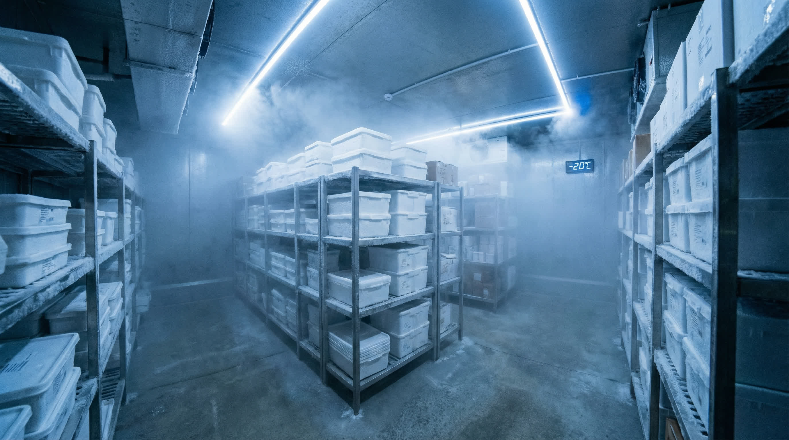 Industrial cold storage facility at minus 20 degrees with frost-covered shelves