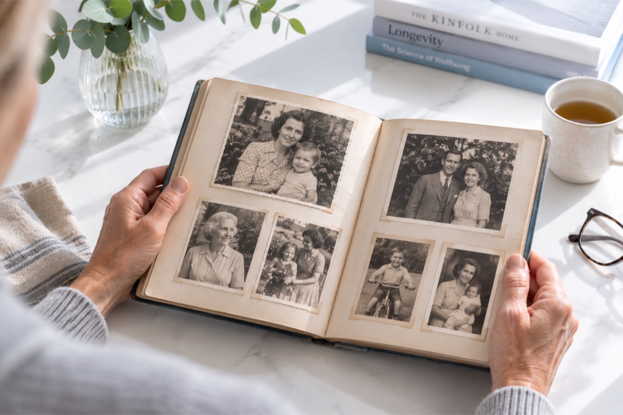 Hands holding an old family photo album