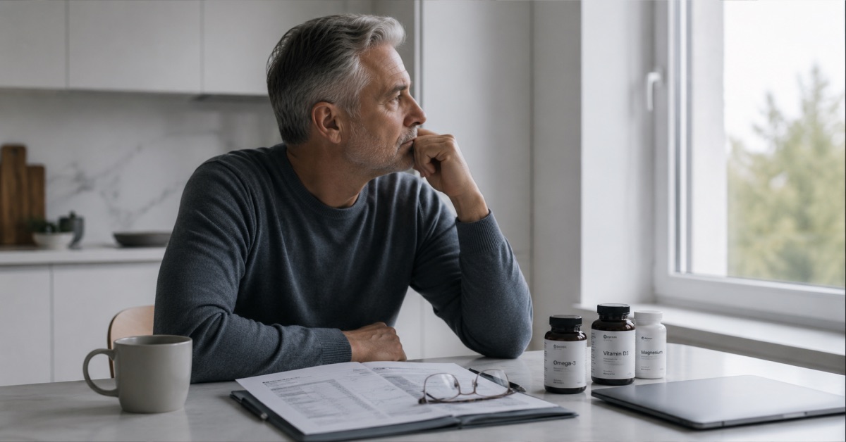A man in his fifties at the kitchen table with lab printouts and set-aside supplement jars