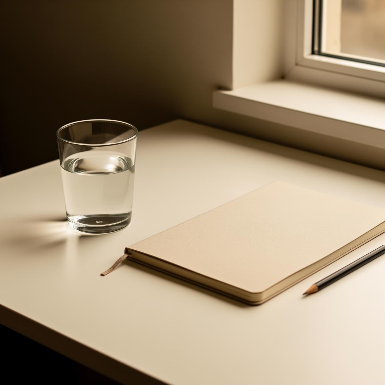 Calm morning desk with glass of water and notebook