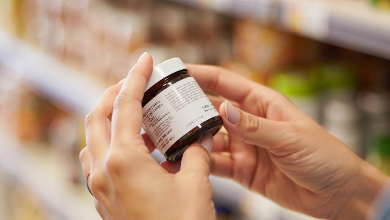 Hands reading a supplement label in a health food store