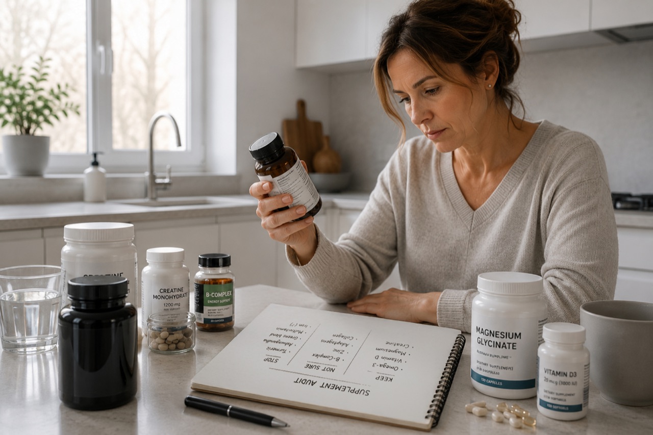 A woman reads a supplement label beside a notebook headed Supplement Audit