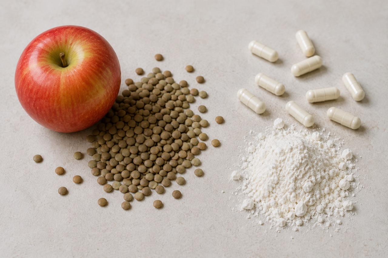 A whole apple beside a heap of small brown tablets, a scatter of white capsules and a mound of white powder on a plain surface