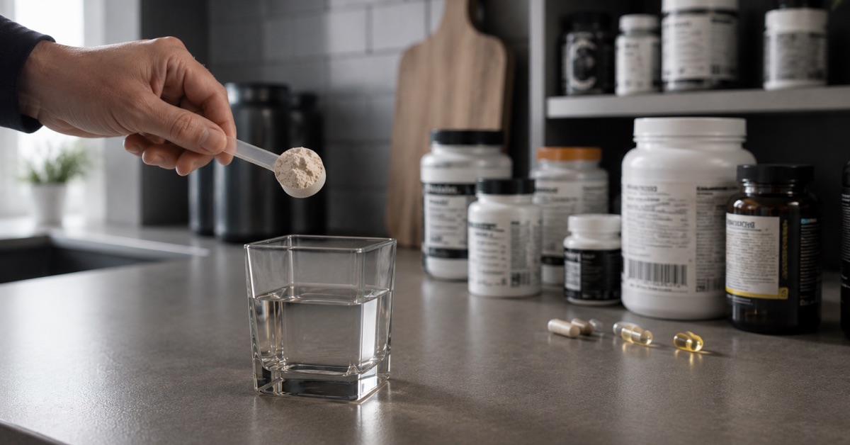 A hand holds a measuring scoop of powder over a glass of water by a shelf of supplement jars